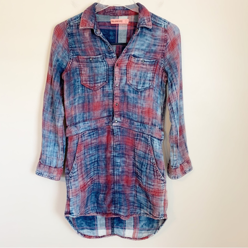 BlankNYC Plaid Distressed Collared Flannel Hi Low Tunic Dress Size Large